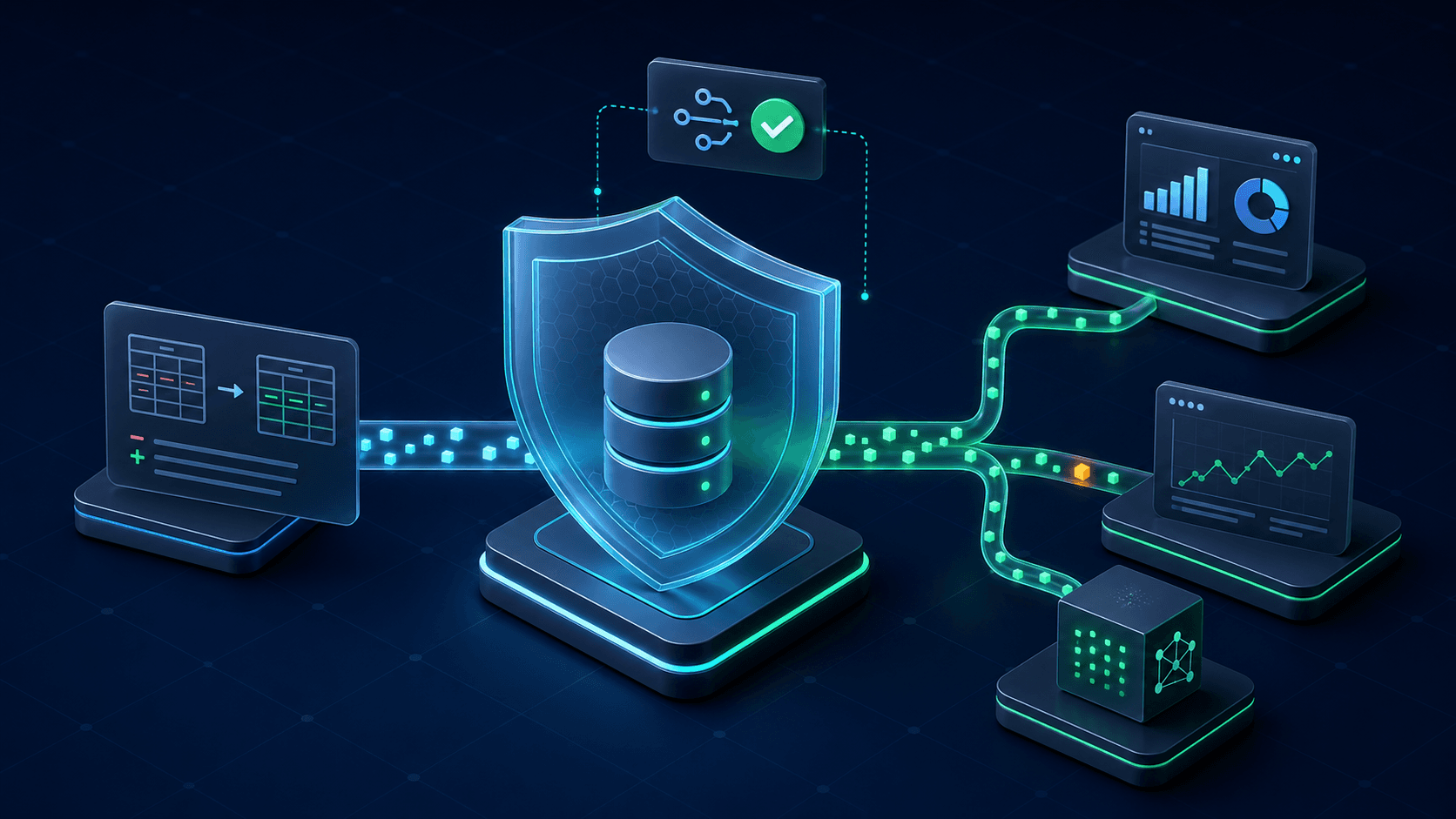 A protected data catalog connected to schema, analytics, and lineage consumers